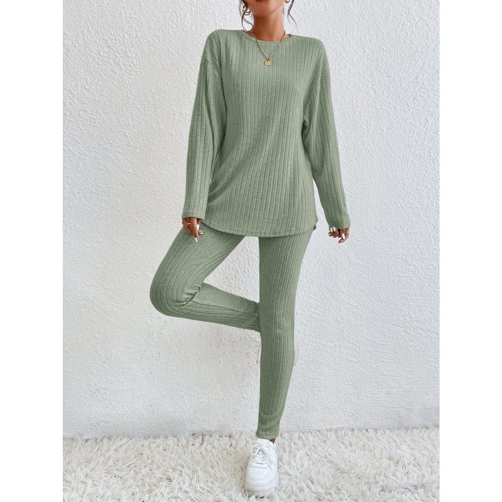 2 piece set long sleeve Tee & knit Leggings boho casual cream - Picture 4 of 11